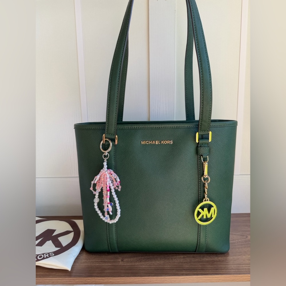 Michael Kors Forest Green Saffiano Leather Tote with Charm